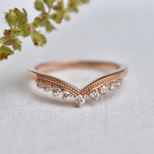 Diamond Tiara Chevron Ring in 14K Solid Gold , Stackable V Milgrain Band, Promise Wedding Engagement Bridal Crown Ring