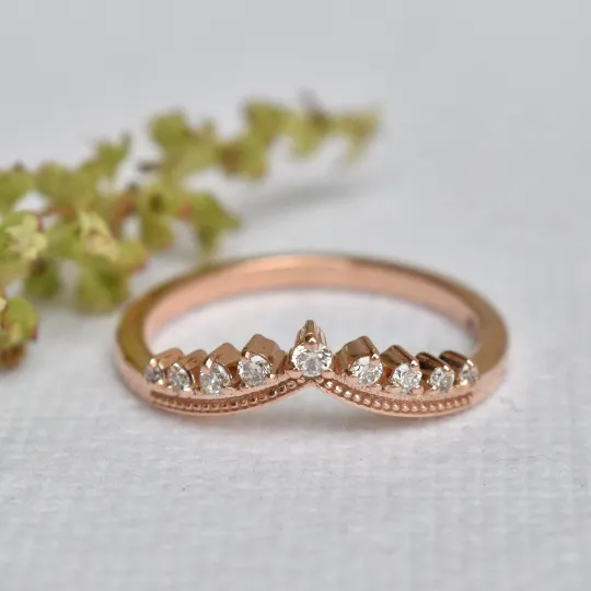 Diamond Tiara Chevron Ring in 14K Solid Gold , Stackable V Milgrain Band, Promise Wedding Engagement Bridal Crown Ring