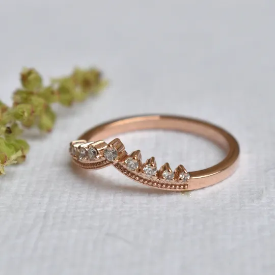 Diamond Tiara Chevron Ring in 14K Solid Gold , Stackable V Milgrain Band, Promise Wedding Engagement Bridal Crown Ring