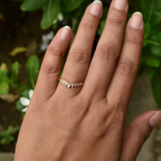 Diamond Tiara Chevron Ring in 14K Solid Gold , Stackable V Milgrain Band, Promise Wedding Engagement Bridal Crown Ring