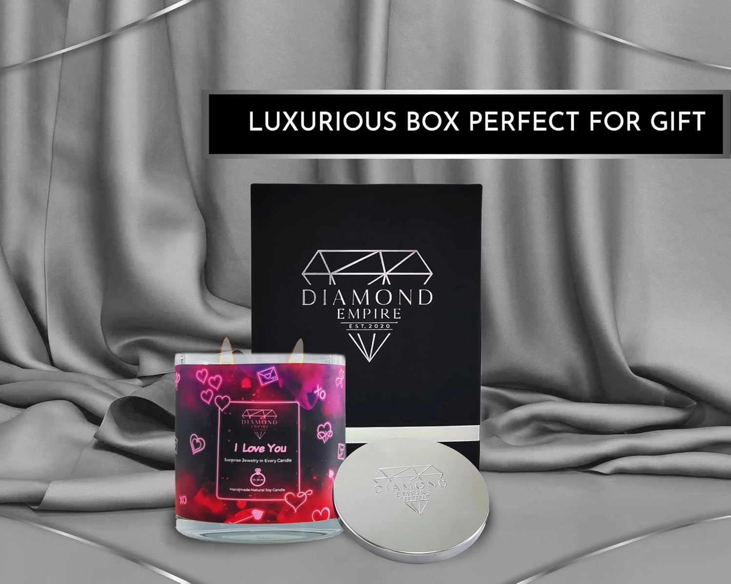 Diamond Empire I Love You Candle with Surprise Jewelry Inside (Surprise Jewelry Valued up to $3,500) 2 Wick Candle (Burn up to 120 H) Ring Size 6