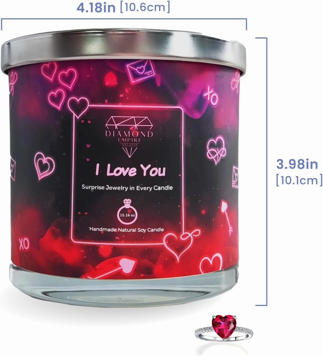 Diamond Empire I Love You Candle with Surprise Jewelry Inside (Surprise Jewelry Valued up to $3,500) 2 Wick Candle (Burn up to 120 H) Ring Size 6