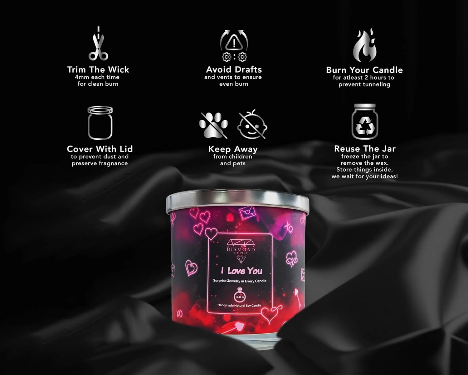 Diamond Empire I Love You Candle with Surprise Jewelry Inside (Surprise Jewelry Valued up to $3,500) 2 Wick Candle (Burn up to 120 H) Ring Size 6