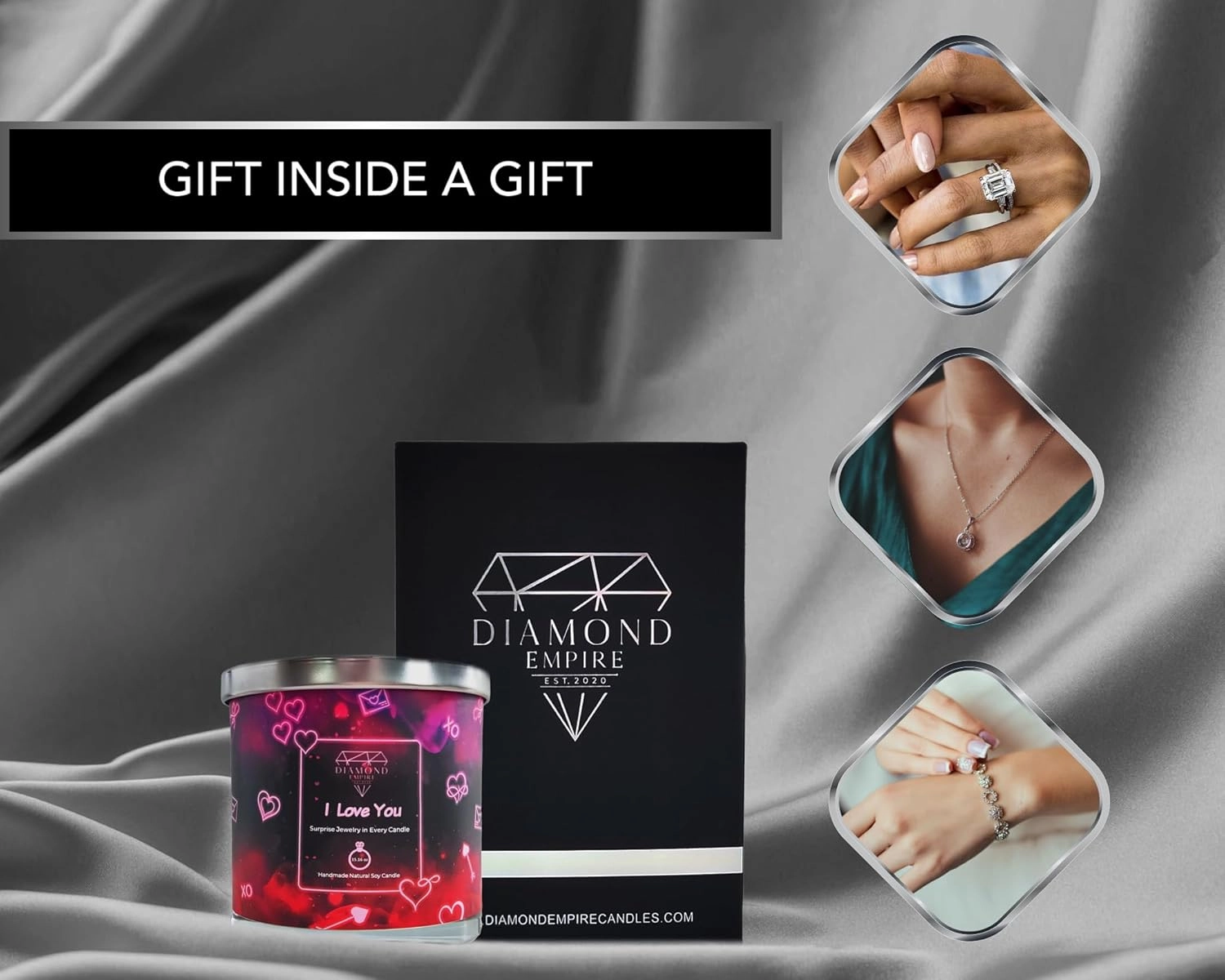 Diamond Empire I Love You Candle with Surprise Jewelry Inside (Surprise Jewelry Valued up to $3,500) 2 Wick Candle (Burn up to 120 H) Ring Size 6