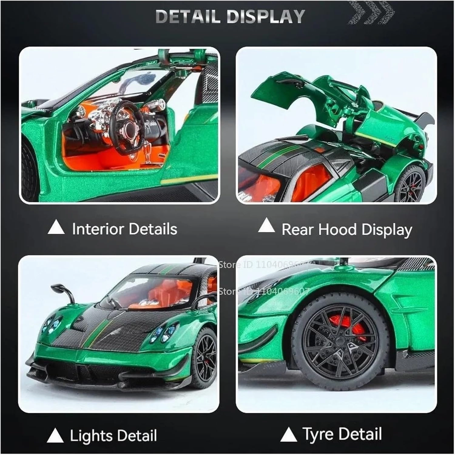 Diecast Model Cars 1:24 for Pagani Huayra Alloy Diecast Sports Cars Sound Light Opened Pull Back Spray Version Models Toy Vehicle(Green)