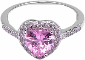DINESH STORES 14K White Gold Plated 2Ct Lab Grown Heart Cut Pink Sapphire Halo Engagement Ring 925 Sterling Silver