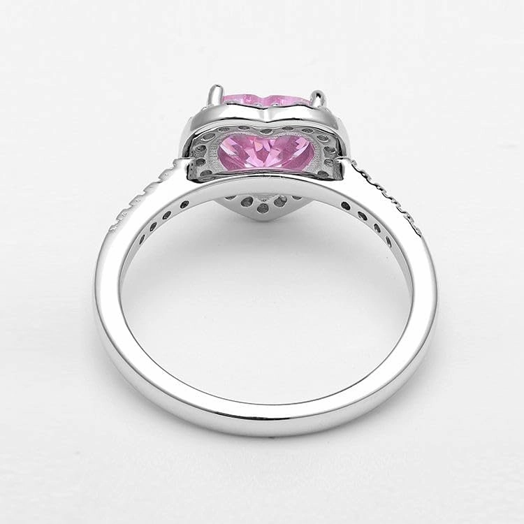 DINESH STORES 14K White Gold Plated 2Ct Lab Grown Heart Cut Pink Sapphire Halo Engagement Ring 925 Sterling Silver
