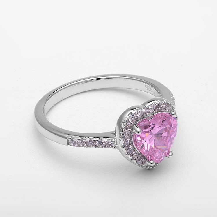 DINESH STORES 14K White Gold Plated 2Ct Lab Grown Heart Cut Pink Sapphire Halo Engagement Ring 925 Sterling Silver