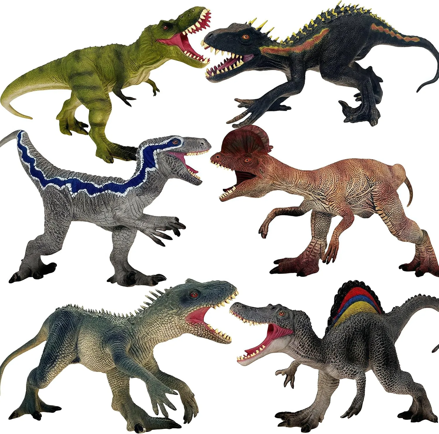 Dinosaur Toys for Kids, 6Pcs T-Rex Spinosaurus Velociraptor Dilophosaurus D-rex and Indoraptor with Roar Strikers and Stinding Poses Dino Toy Gifts, Great Play or Display Dinosaur Toys for Toddlers