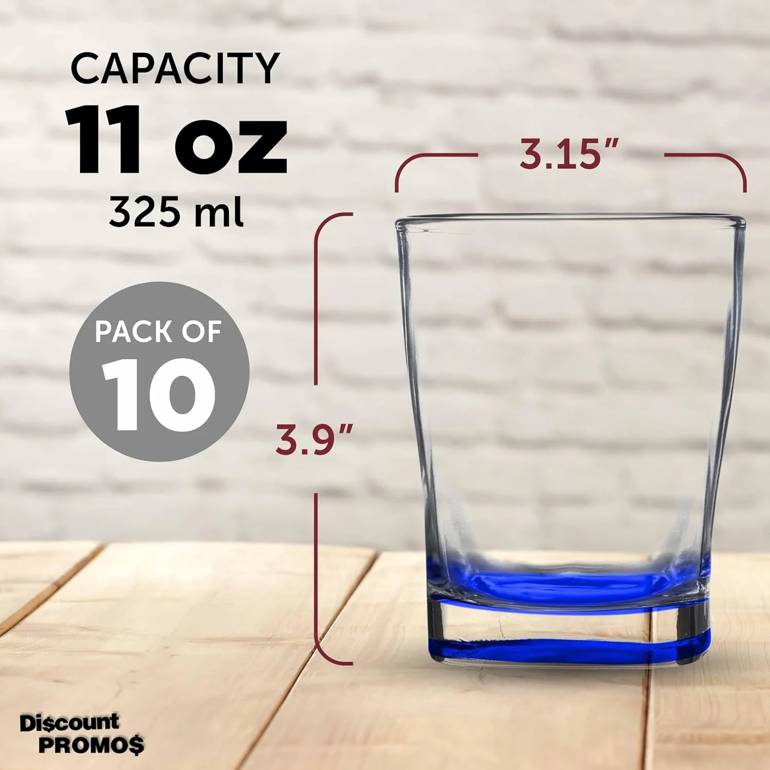 DISCOUNT PROMOS 10 Verona Whiskey Glasses Set, 11 oz. - Durable, Thick Base, Color Bottom, Barware - Blue
