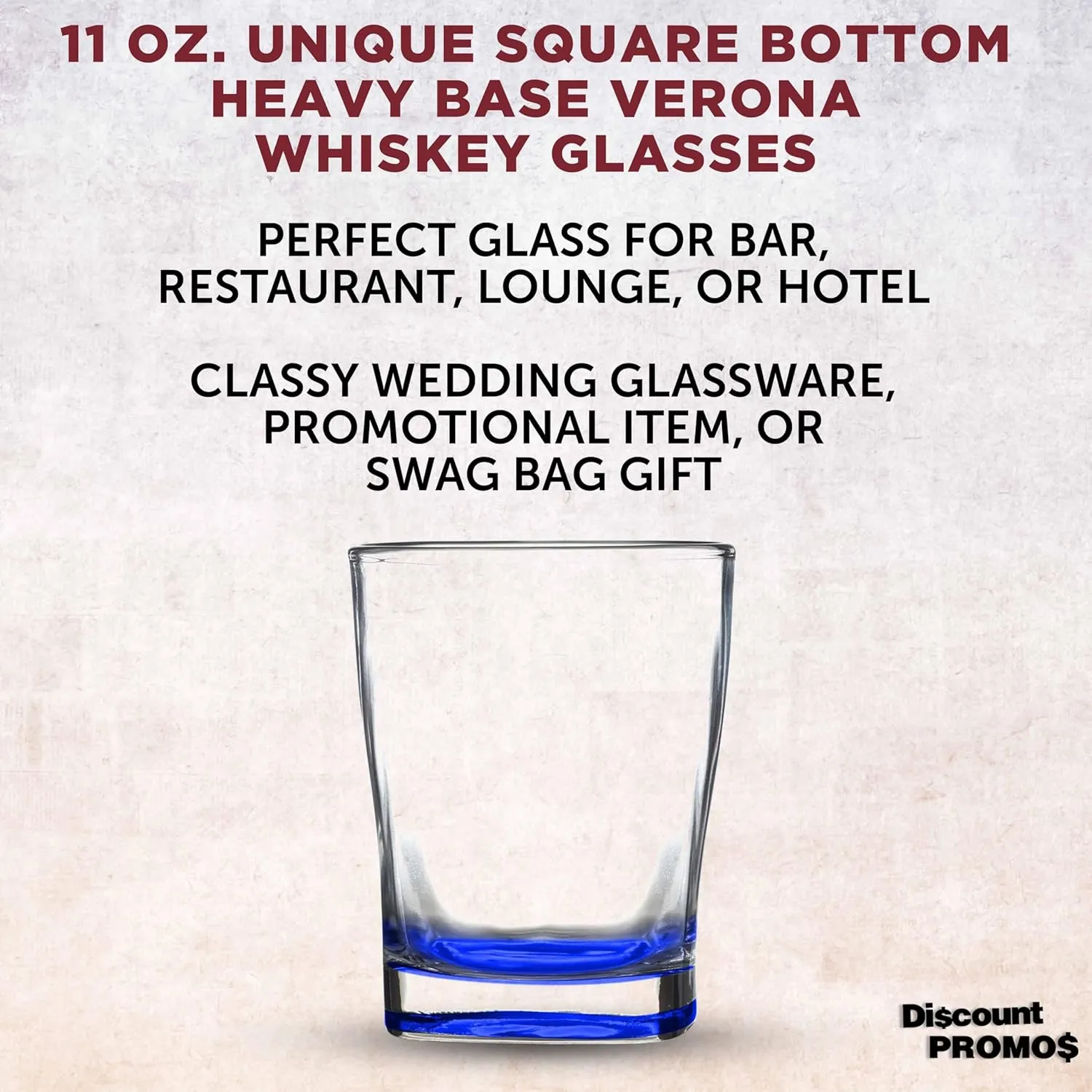 DISCOUNT PROMOS 10 Verona Whiskey Glasses Set, 11 oz. - Durable, Thick Base, Color Bottom, Barware - Blue