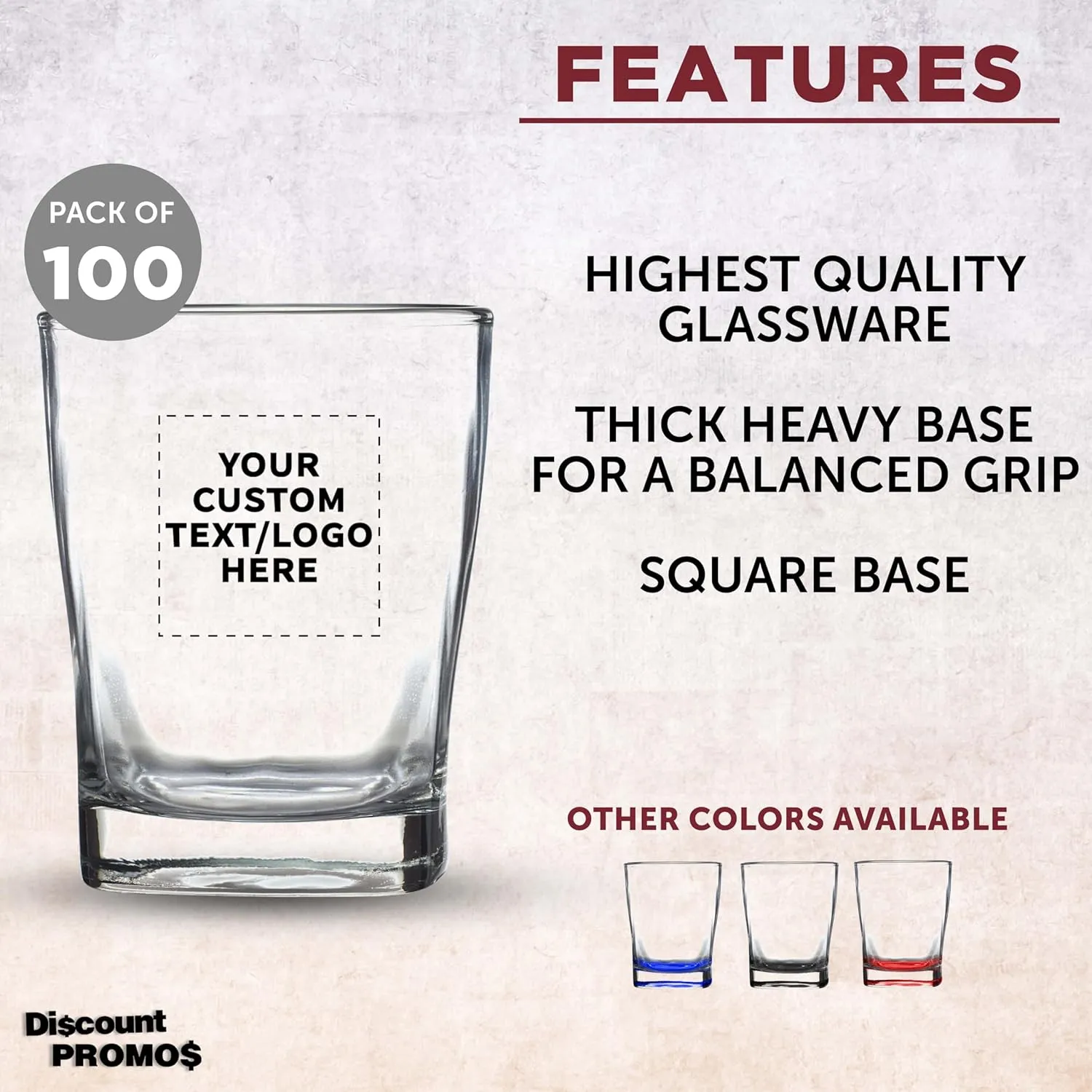 DISCOUNT PROMOS 100 Verona Whiskey Glasses Set, 11 oz. - Customizable Text, Logo - Durable, Thick Base, Color Bottom, Barware - Clear