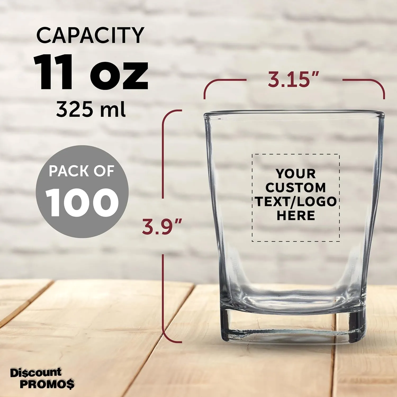 DISCOUNT PROMOS 100 Verona Whiskey Glasses Set, 11 oz. - Customizable Text, Logo - Durable, Thick Base, Color Bottom, Barware - Clear