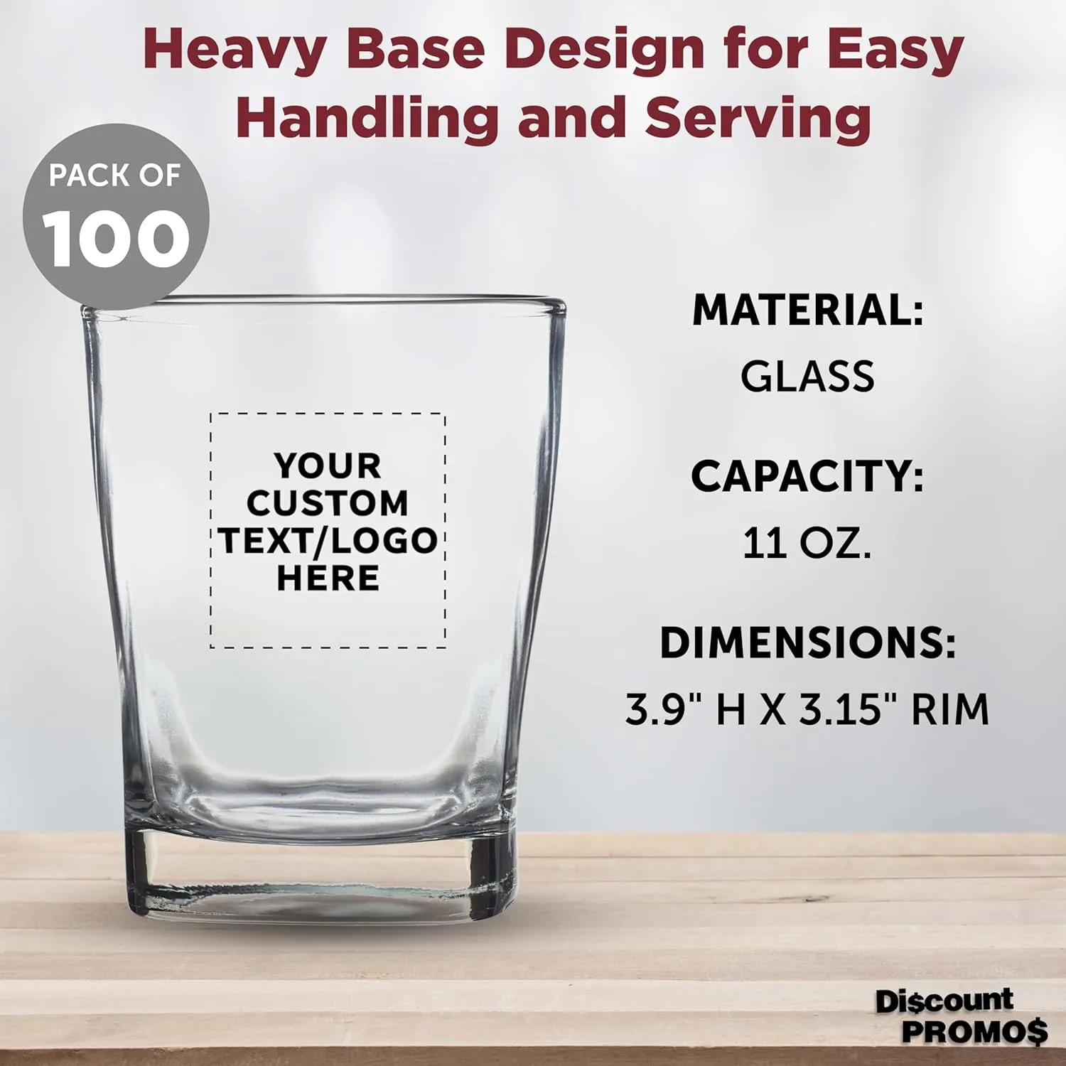 DISCOUNT PROMOS 100 Verona Whiskey Glasses Set, 11 oz. - Customizable Text, Logo - Durable, Thick Base, Color Bottom, Barware - Clear
