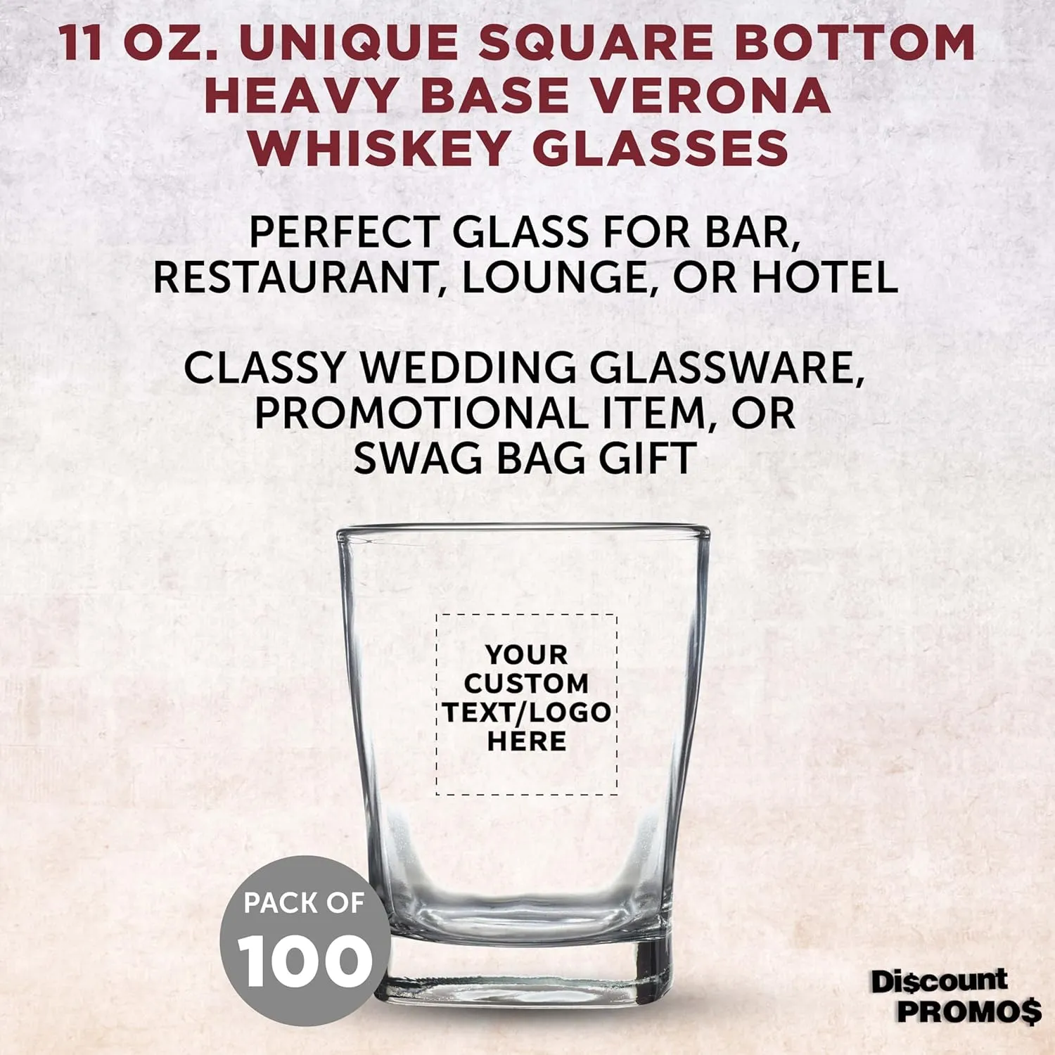 DISCOUNT PROMOS 100 Verona Whiskey Glasses Set, 11 oz. - Customizable Text, Logo - Durable, Thick Base, Color Bottom, Barware - Clear