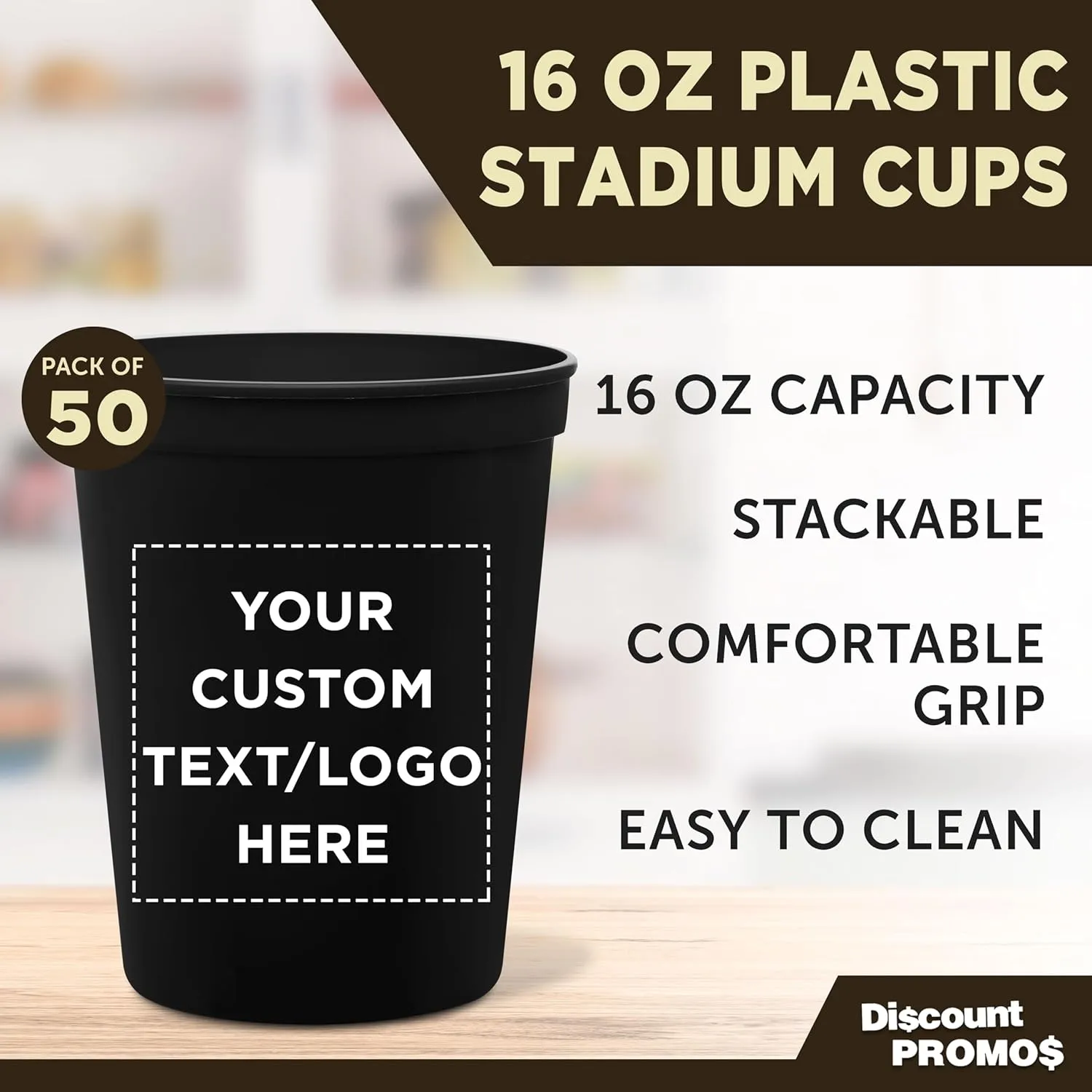 DISCOUNT PROMOS Custom Plastic Stadium Cups 16 oz. Set of 50, Personalized Bulk Pack - Perfect for Birthdays, Weddings, Picnic, Beach, Parties - Black