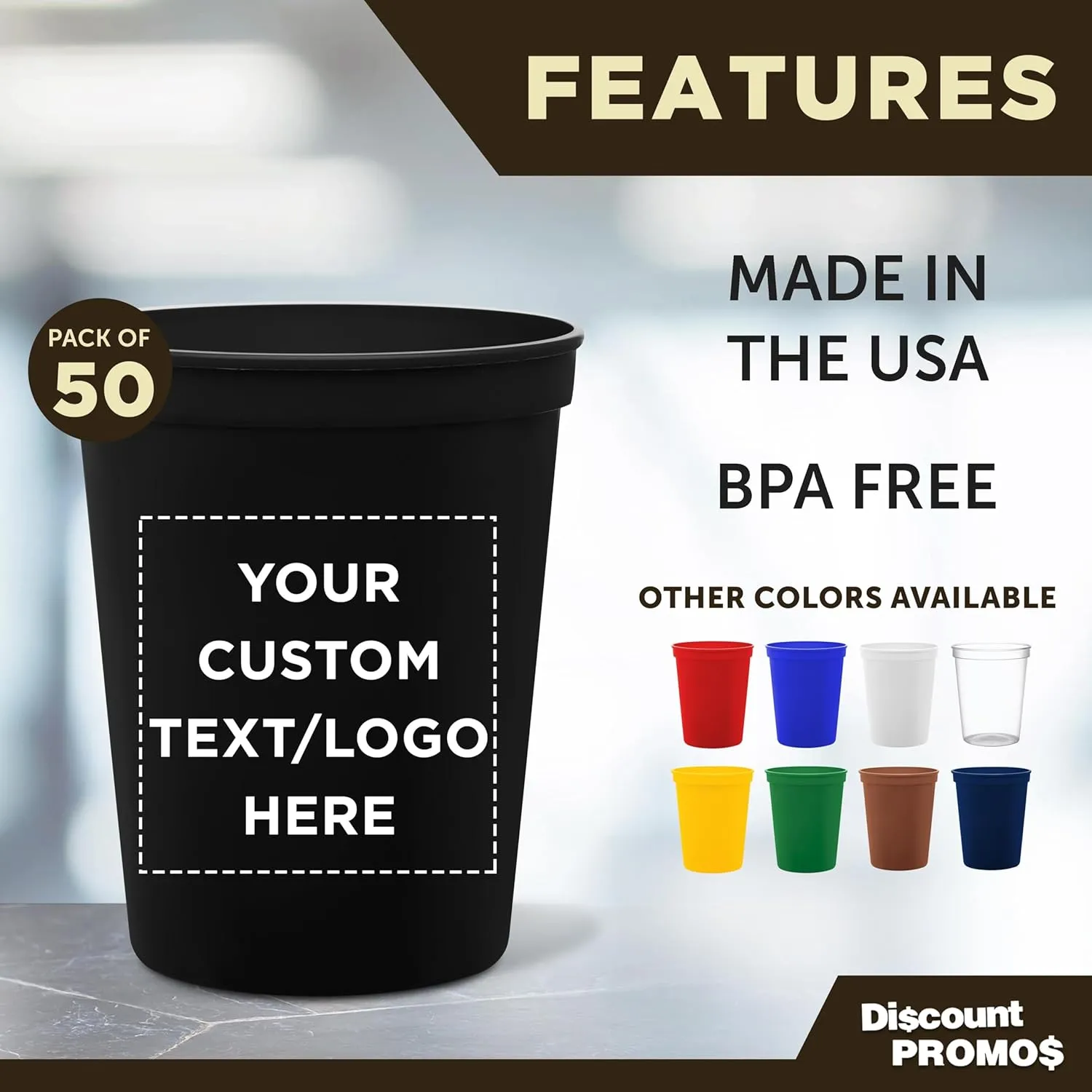 DISCOUNT PROMOS Custom Plastic Stadium Cups 16 oz. Set of 50, Personalized Bulk Pack - Perfect for Birthdays, Weddings, Picnic, Beach, Parties - Black