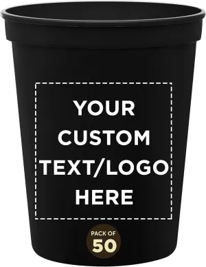 DISCOUNT PROMOS Custom Plastic Stadium Cups 16 oz. Set of 50, Personalized Bulk Pack - Perfect for Birthdays, Weddings, Picnic, Beach, Parties - Black