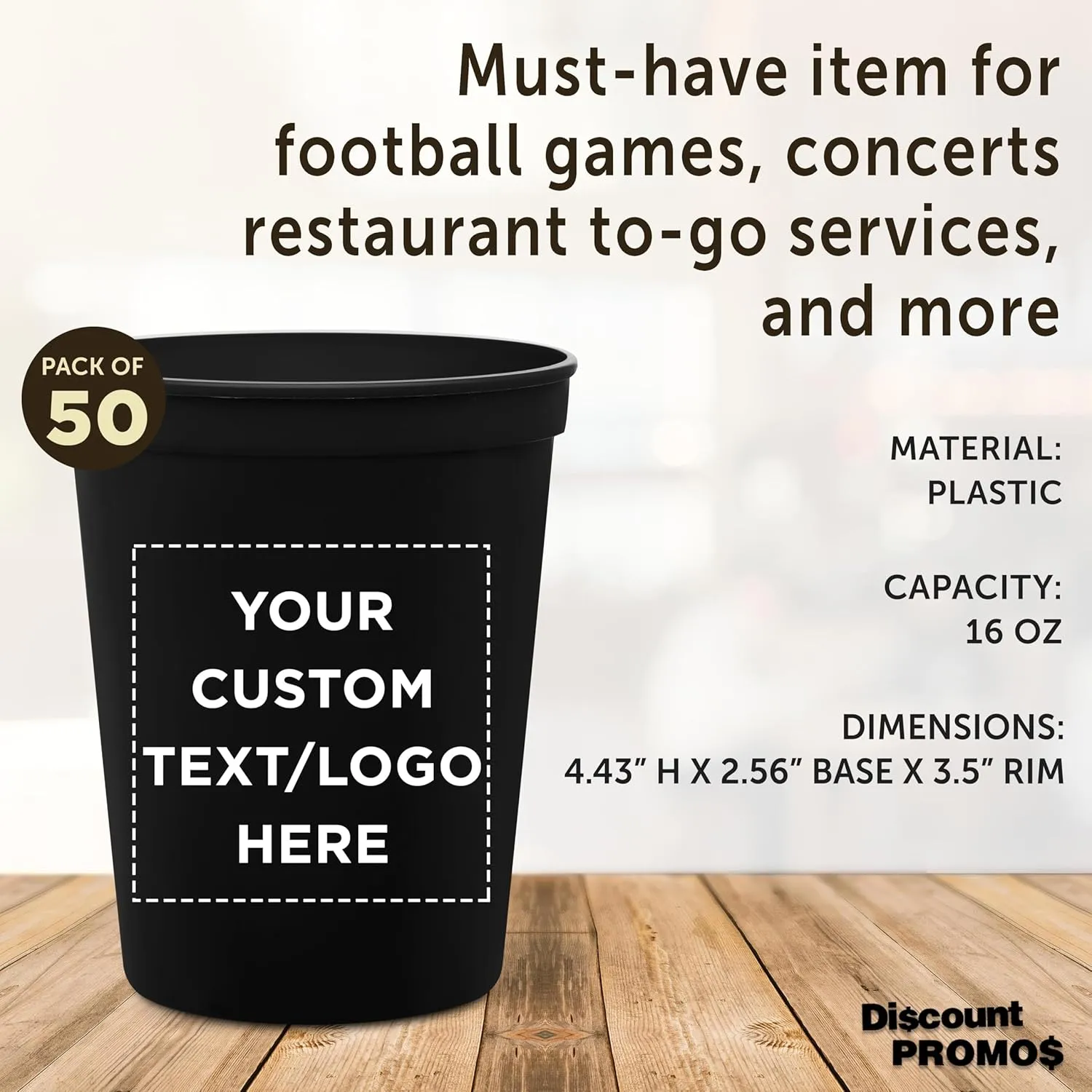 DISCOUNT PROMOS Custom Plastic Stadium Cups 16 oz. Set of 50, Personalized Bulk Pack - Perfect for Birthdays, Weddings, Picnic, Beach, Parties - Black