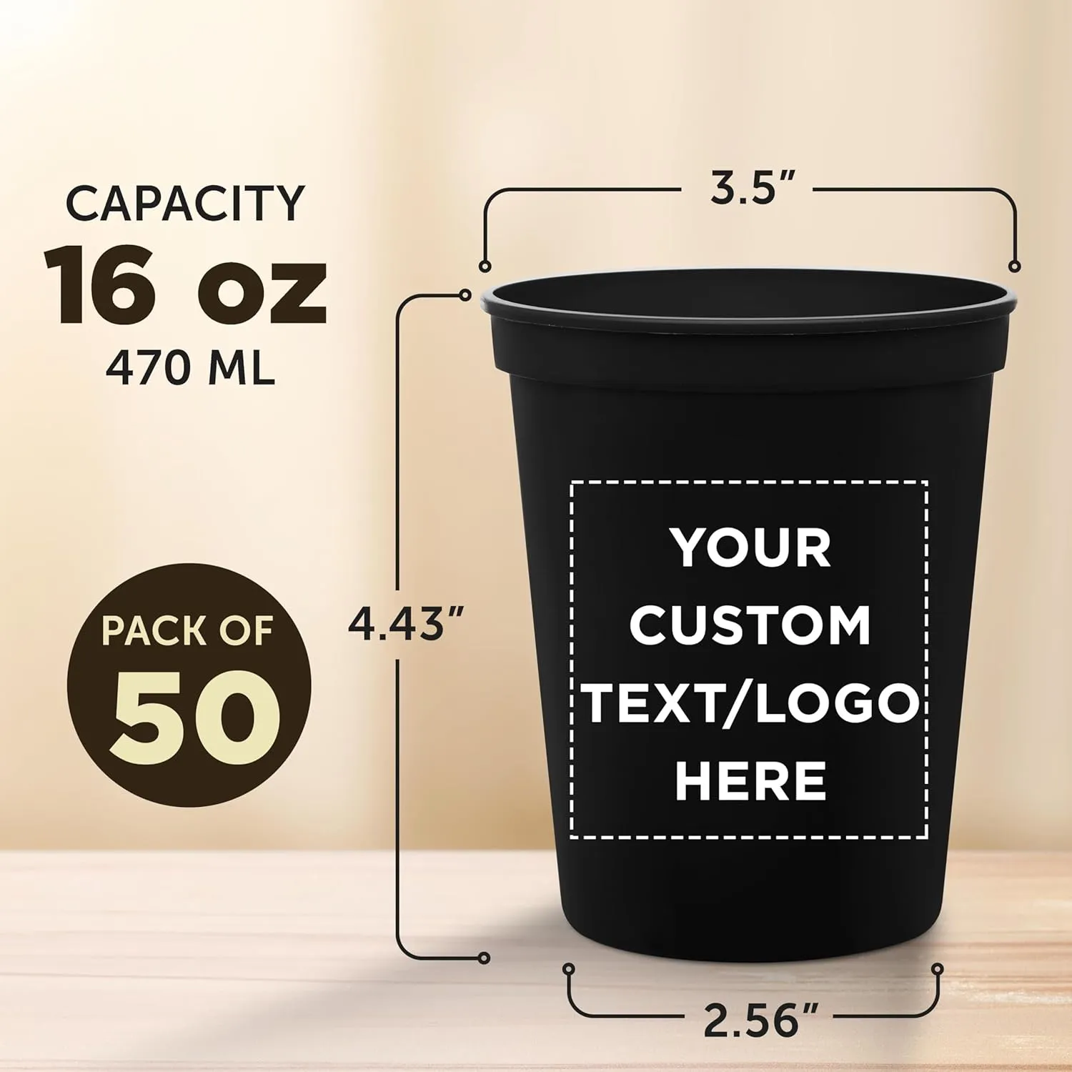 DISCOUNT PROMOS Custom Plastic Stadium Cups 16 oz. Set of 50, Personalized Bulk Pack - Perfect for Birthdays, Weddings, Picnic, Beach, Parties - Black