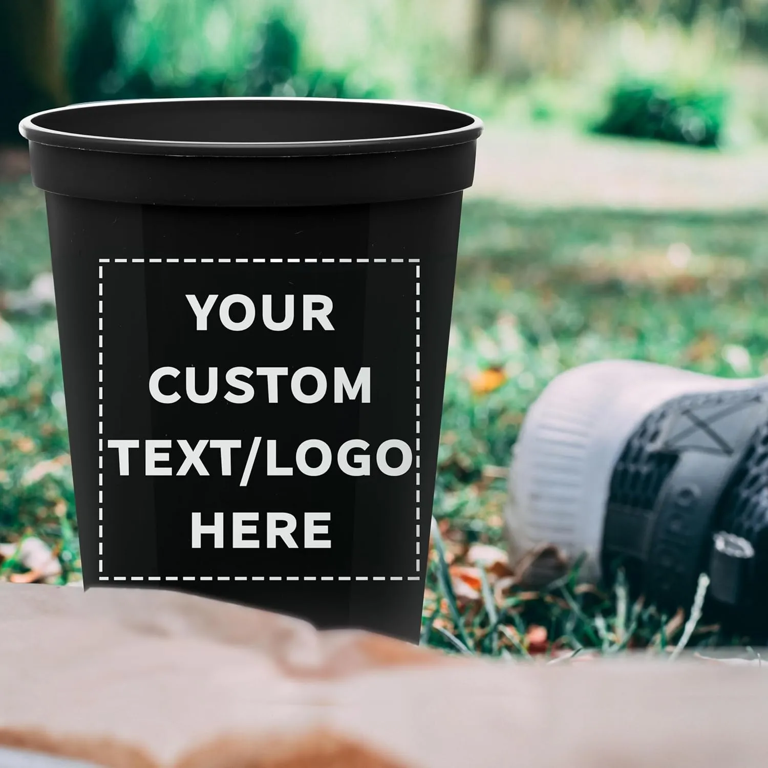DISCOUNT PROMOS Custom Plastic Stadium Cups 16 oz. Set of 50, Personalized Bulk Pack - Perfect for Birthdays, Weddings, Picnic, Beach, Parties - Black