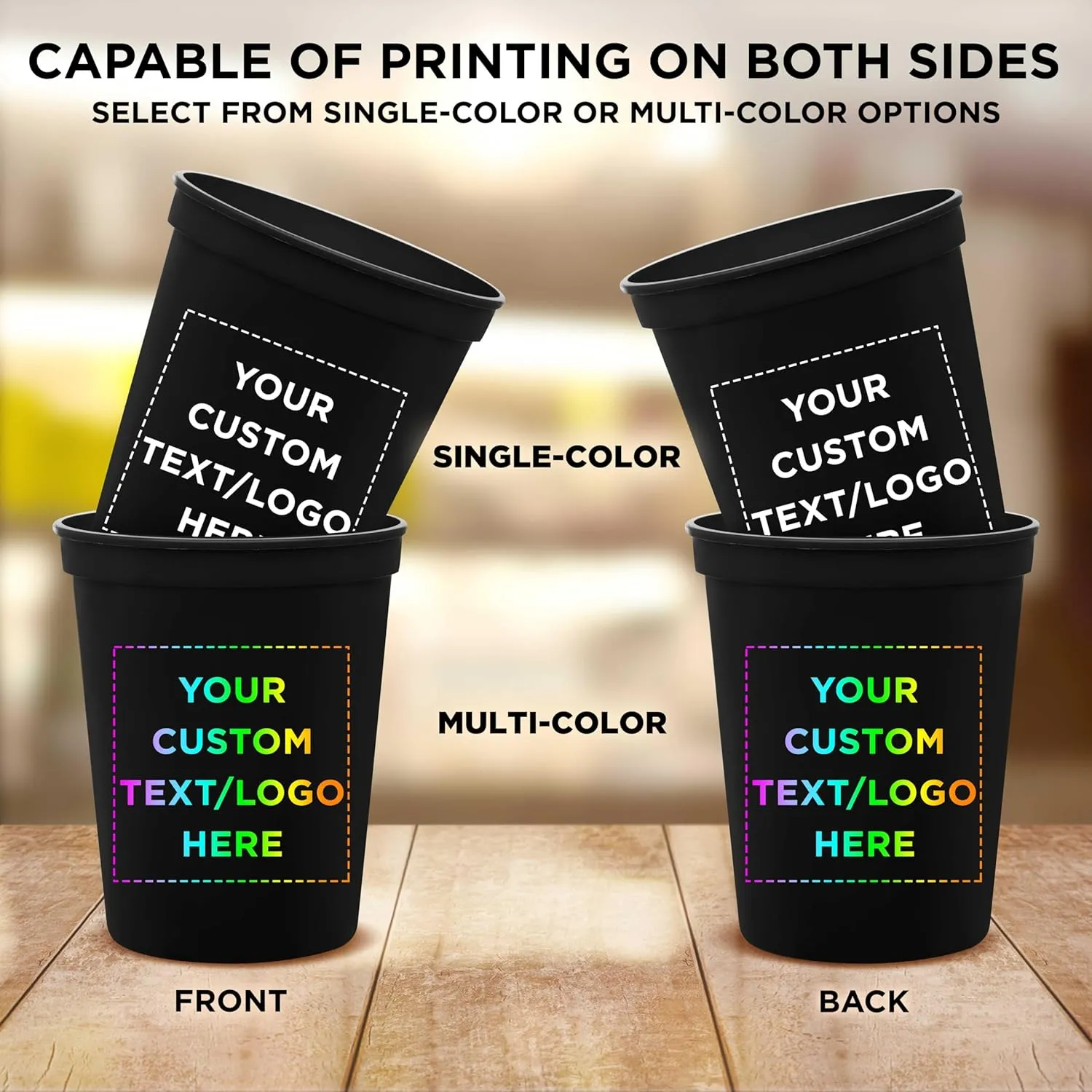 DISCOUNT PROMOS Custom Plastic Stadium Cups 16 oz. Set of 50, Personalized Bulk Pack - Perfect for Birthdays, Weddings, Picnic, Beach, Parties - Black