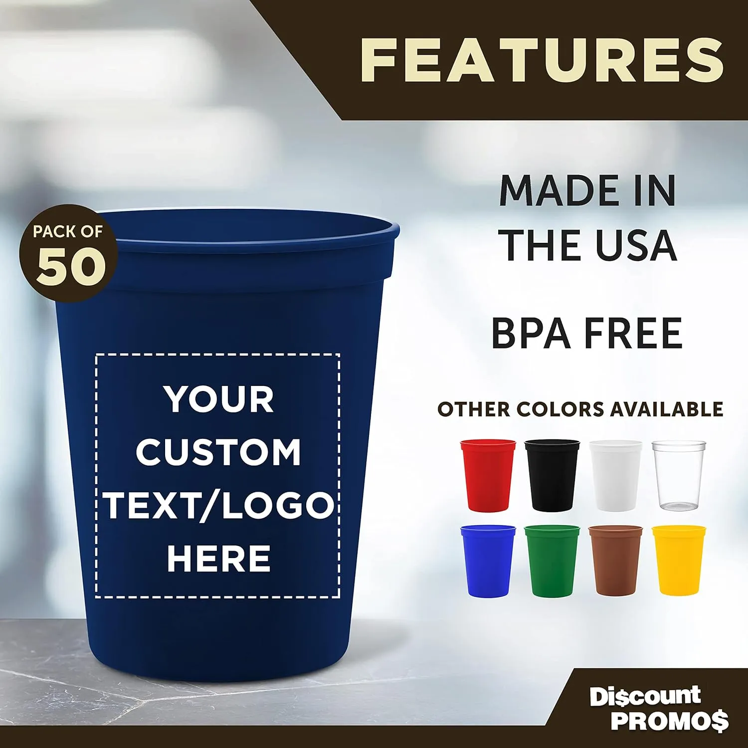 DISCOUNT PROMOS Custom Plastic Stadium Cups 16 oz. Set of 50, Personalized Bulk Pack - Perfect for Birthdays, Weddings, Picnic, Beach, Parties - Navy Blue