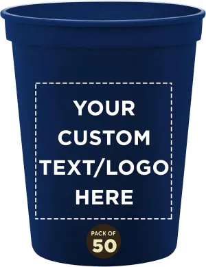 DISCOUNT PROMOS Custom Plastic Stadium Cups 16 oz. Set of 50, Personalized Bulk Pack - Perfect for Birthdays, Weddings, Picnic, Beach, Parties - Navy Blue