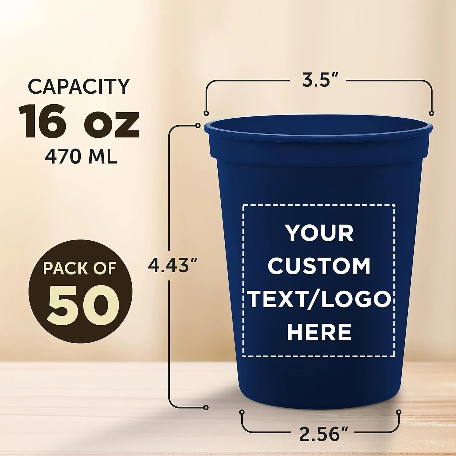 DISCOUNT PROMOS Custom Plastic Stadium Cups 16 oz. Set of 50, Personalized Bulk Pack - Perfect for Birthdays, Weddings, Picnic, Beach, Parties - Navy Blue