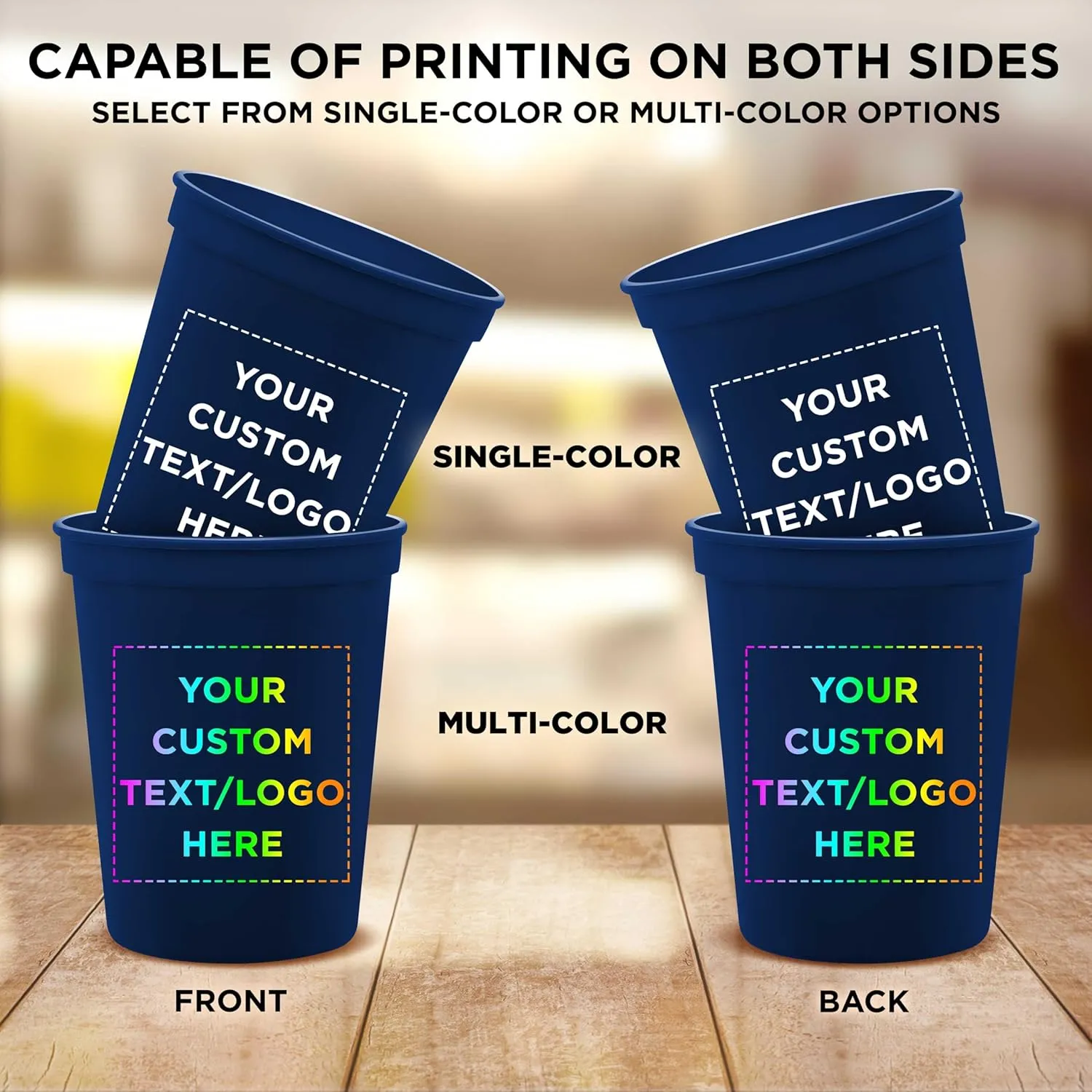 DISCOUNT PROMOS Custom Plastic Stadium Cups 16 oz. Set of 50, Personalized Bulk Pack - Perfect for Birthdays, Weddings, Picnic, Beach, Parties - Navy Blue