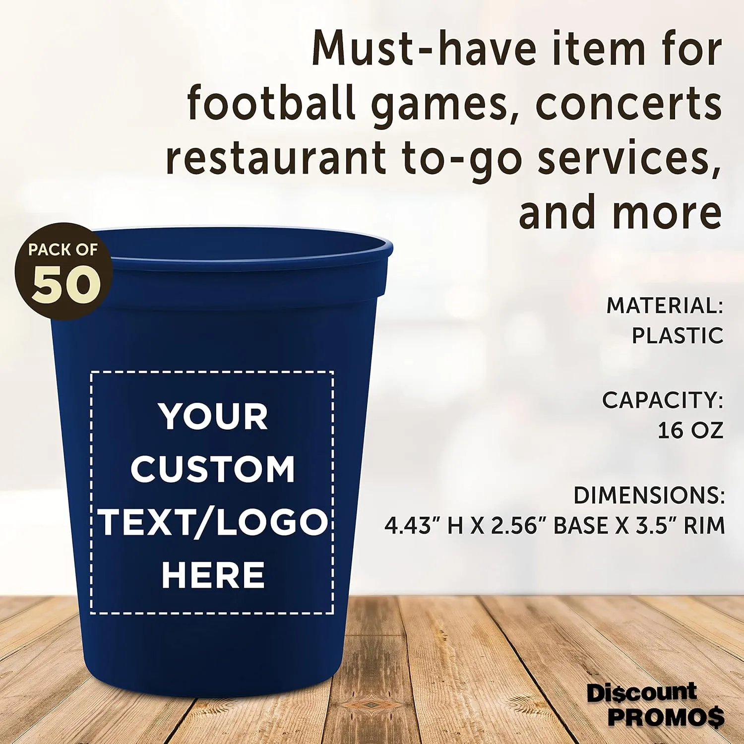 DISCOUNT PROMOS Custom Plastic Stadium Cups 16 oz. Set of 50, Personalized Bulk Pack - Perfect for Birthdays, Weddings, Picnic, Beach, Parties - Navy Blue