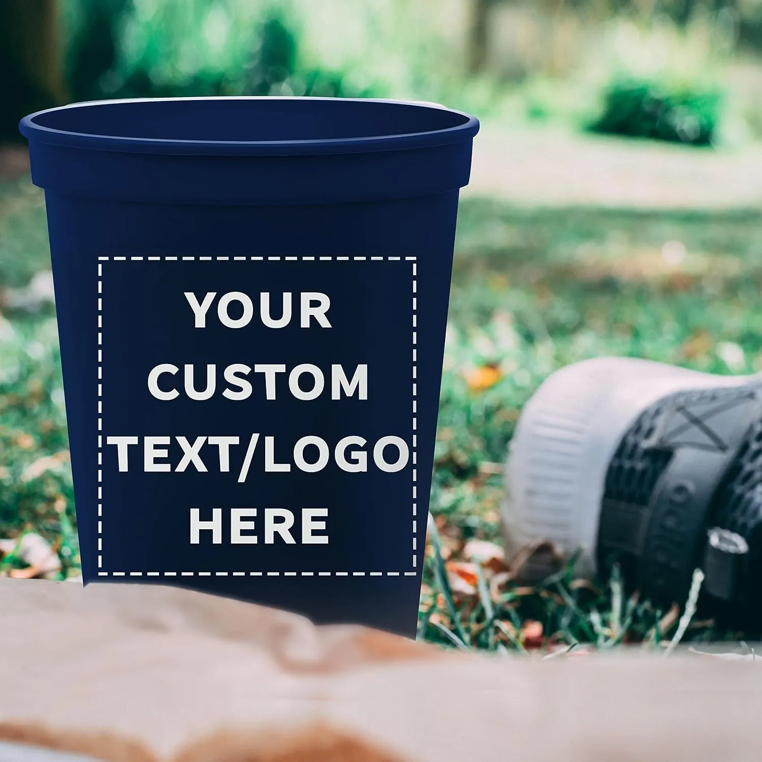 DISCOUNT PROMOS Custom Plastic Stadium Cups 16 oz. Set of 50, Personalized Bulk Pack - Perfect for Birthdays, Weddings, Picnic, Beach, Parties - Navy Blue