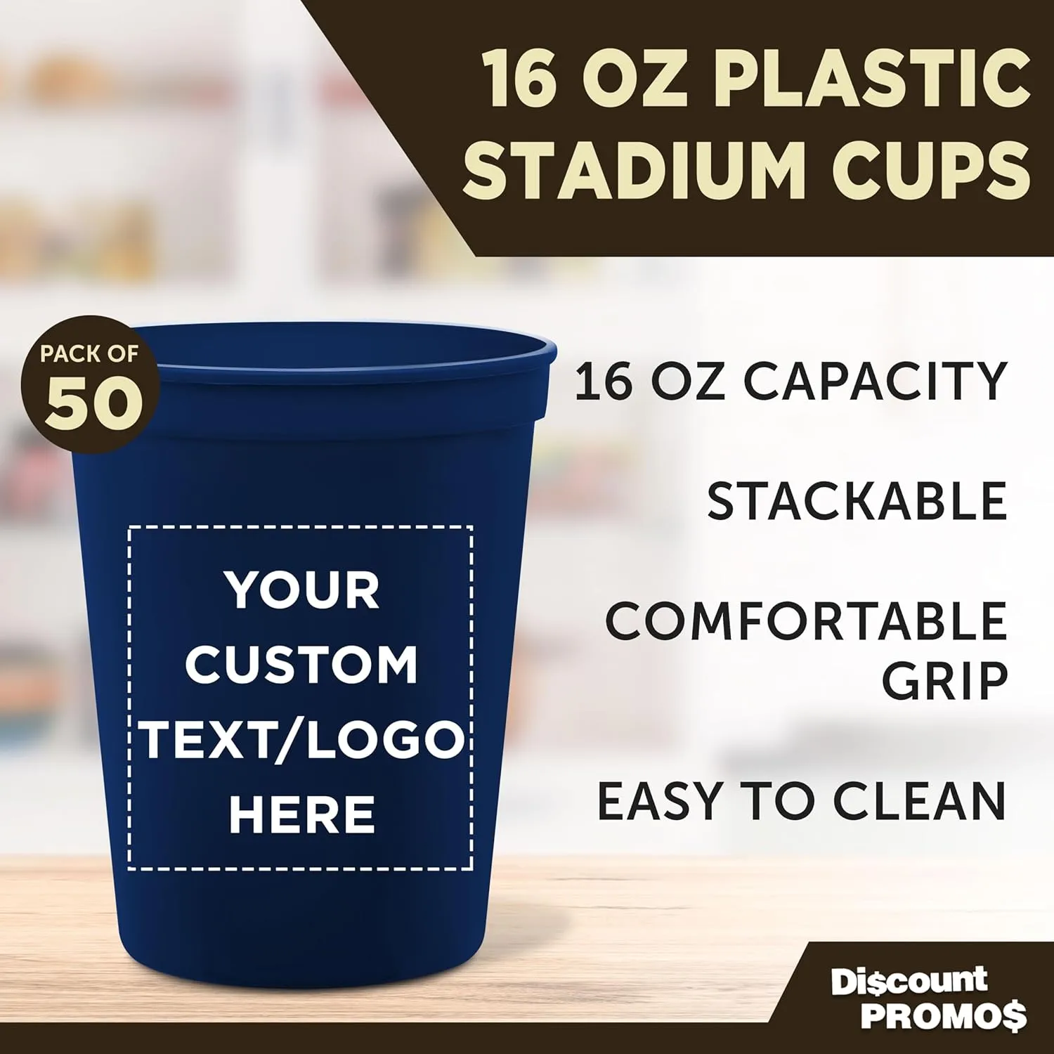 DISCOUNT PROMOS Custom Plastic Stadium Cups 16 oz. Set of 50, Personalized Bulk Pack - Perfect for Birthdays, Weddings, Picnic, Beach, Parties - Navy Blue