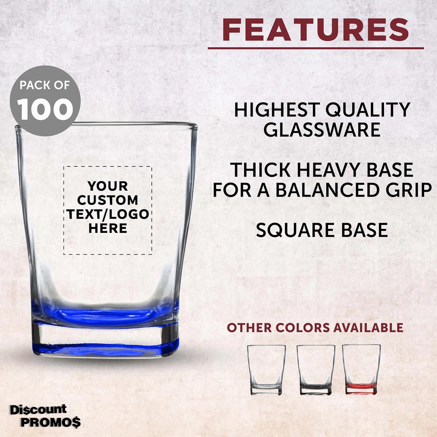 DISCOUNT PROMOS 100 Verona Whiskey Glasses Set, 11 oz. - Customizable Text, Logo - Durable, Thick Base, Color Bottom, Barware - Blue