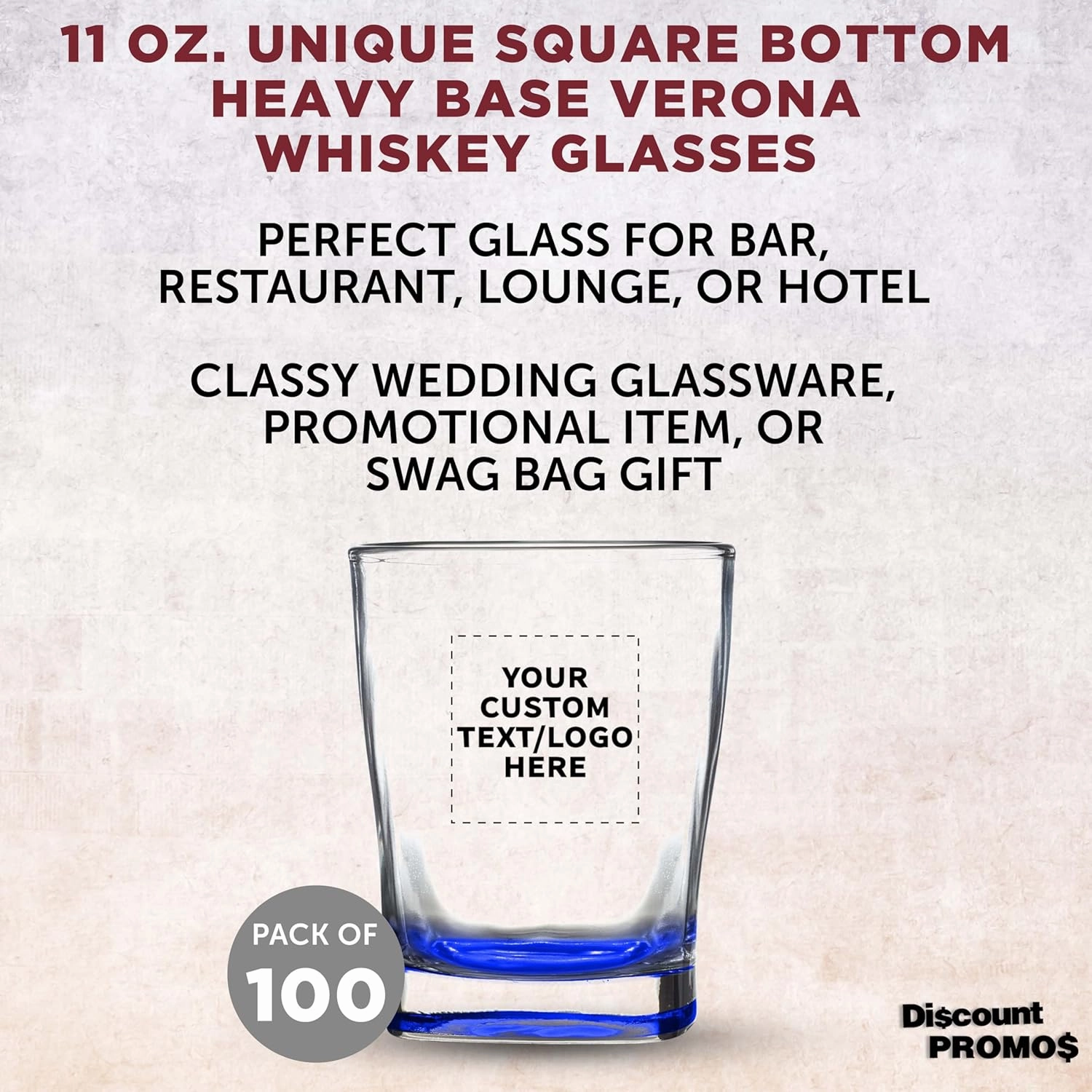DISCOUNT PROMOS 100 Verona Whiskey Glasses Set, 11 oz. - Customizable Text, Logo - Durable, Thick Base, Color Bottom, Barware - Blue