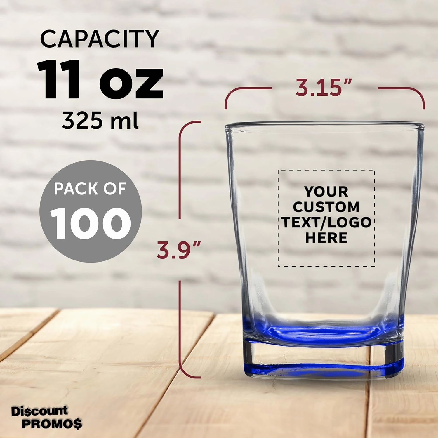DISCOUNT PROMOS 100 Verona Whiskey Glasses Set, 11 oz. - Customizable Text, Logo - Durable, Thick Base, Color Bottom, Barware - Blue
