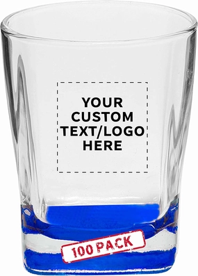 DISCOUNT PROMOS 100 Verona Whiskey Glasses Set, 11 oz. - Customizable Text, Logo - Durable, Thick Base, Color Bottom, Barware - Blue