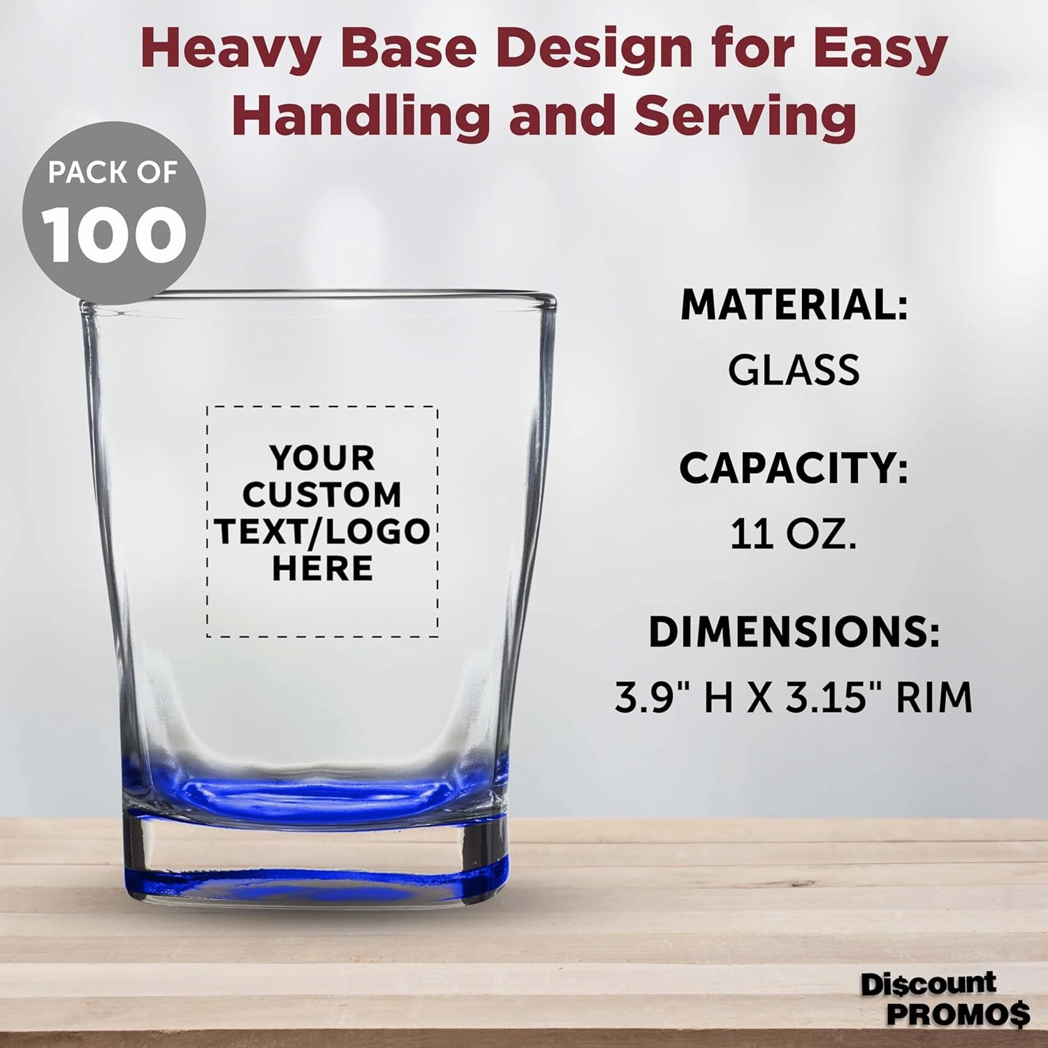 DISCOUNT PROMOS 100 Verona Whiskey Glasses Set, 11 oz. - Customizable Text, Logo - Durable, Thick Base, Color Bottom, Barware - Blue