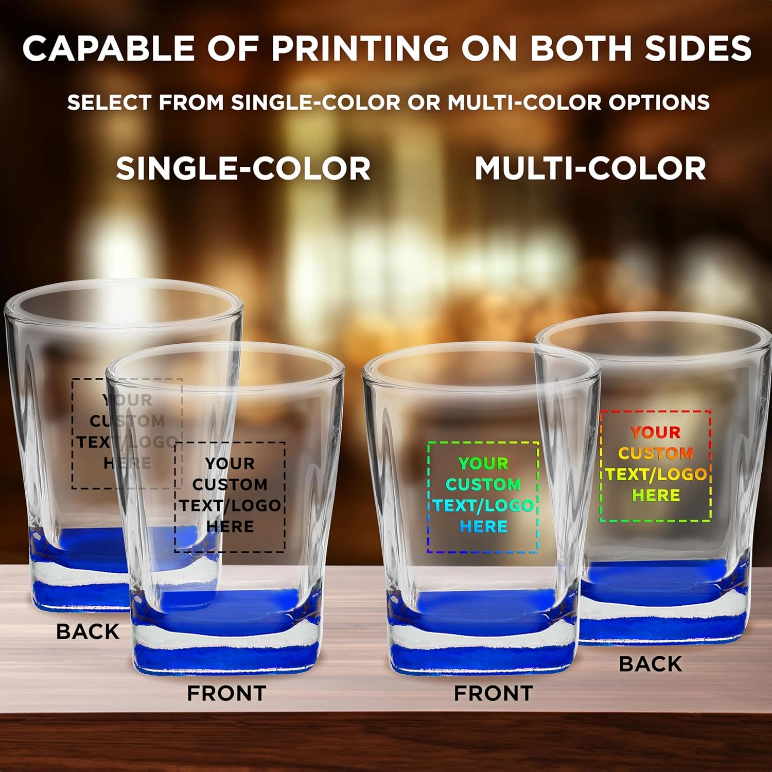DISCOUNT PROMOS 100 Verona Whiskey Glasses Set, 11 oz. - Customizable Text, Logo - Durable, Thick Base, Color Bottom, Barware - Blue