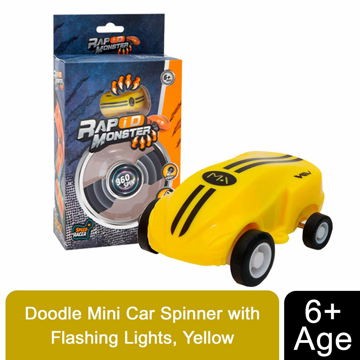 Doodle Mini Car Spinner with Flashing Lights, Yellow