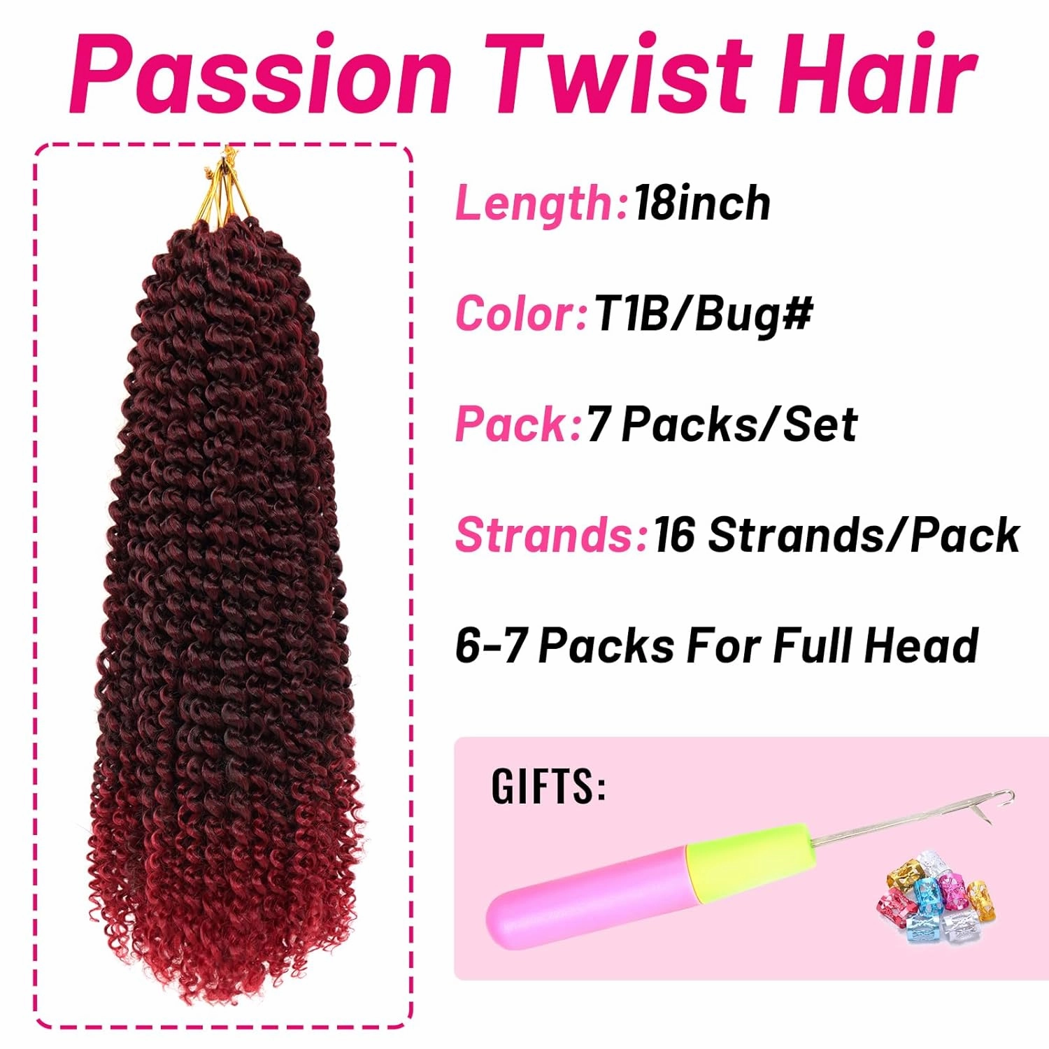 Dorsanee Ombre Burgundy Passion Twist Hair 18 Inch 7 Packs Water Wave Crochet Hair Long Bohemian Curly Braiding Hair for Butterfly Locs, Faux Locs, Boho Style Spring Twist Crochet Braids (TBug#)