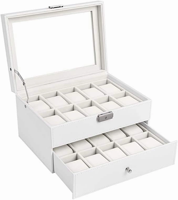 Double-Layer Watch Storage Display Box Vintage Jewelry Watch Collection Box Made of Pure Solid Wood. The Table Pillow can be Detachable. Glass sunroof with Lock. 20 Watch Position Watch Storage Box