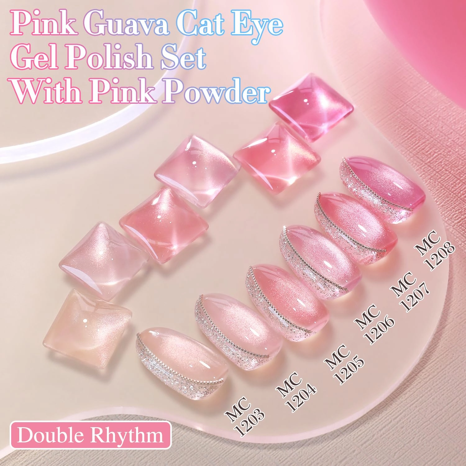 Double Rhythm Cat Eye Gel Nail Polish Set of 6 Same Color Same Bottle 0.5 Oz Shimmer Glitter with Magnet Holographic Reflective Magnetic UV Nail Polish Kit at Home (Glass Nude Pink Rose-T6-45)
