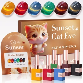Double Rhythm Cat Eye Gel Nail Polish Set of 6 Same Color Same Bottle 0.5 Oz Shimmer Glitter with Magnet Holographic Reflective Magnetic UV Polish Kit (Golden Black Brown Red Blue Green-T6-33)