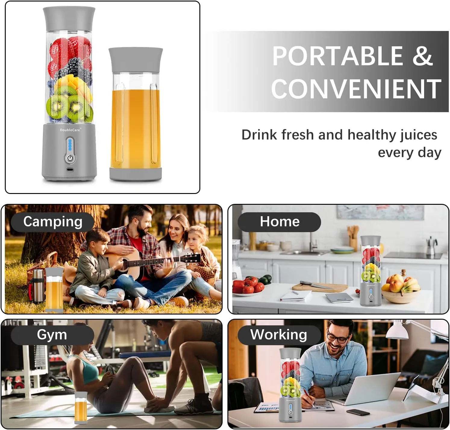 DoubleCare Portable Blender Cup,Electric USB Juicer Blender,Mini Blender Portable Blender For Shakes and Smoothies, Juice,380ml, Six Blades Great for Mixing,white, grey