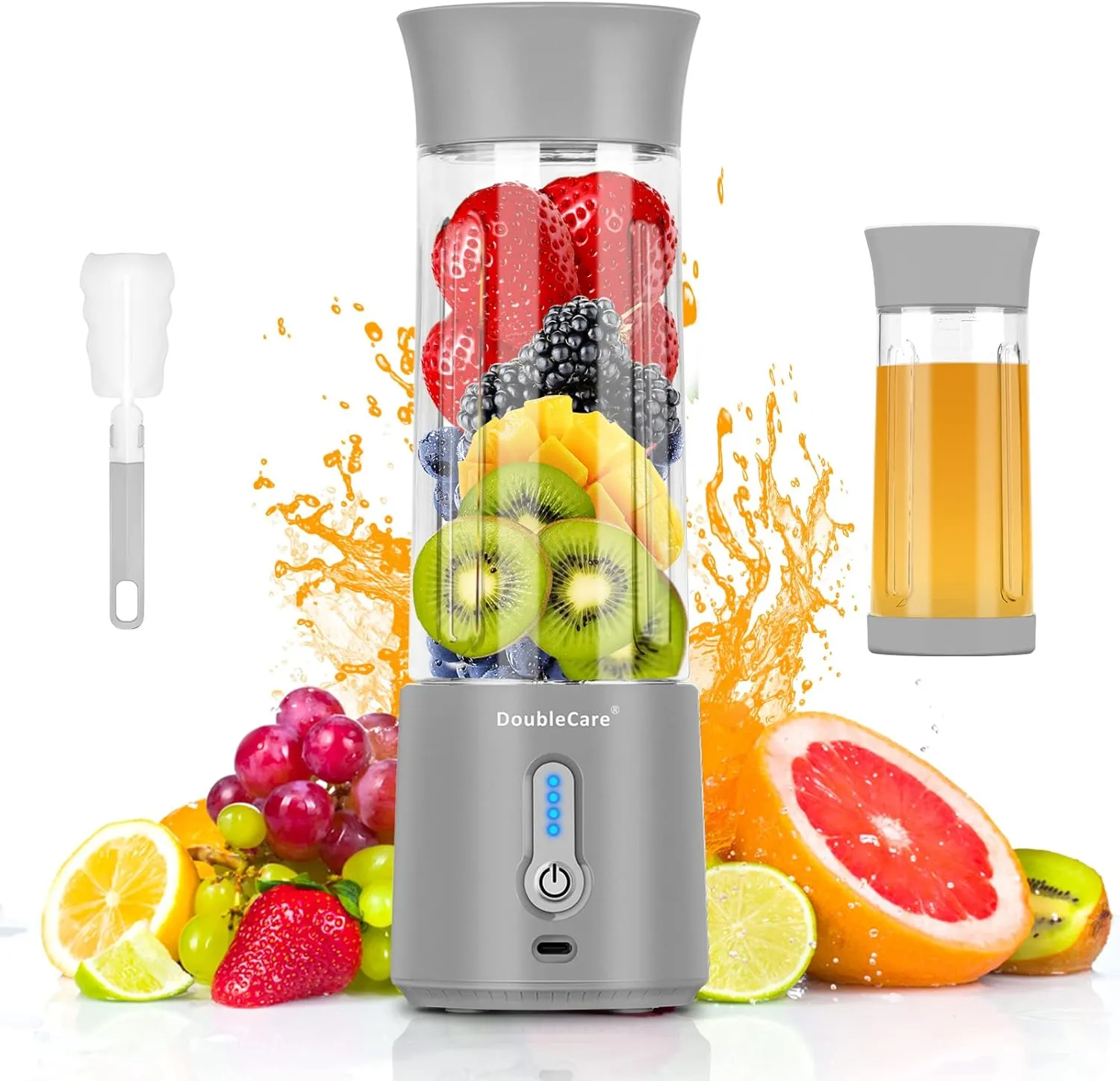 DoubleCare Portable Blender Cup,Electric USB Juicer Blender,Mini Blender Portable Blender For Shakes and Smoothies, Juice,380ml, Six Blades Great for Mixing,white, grey