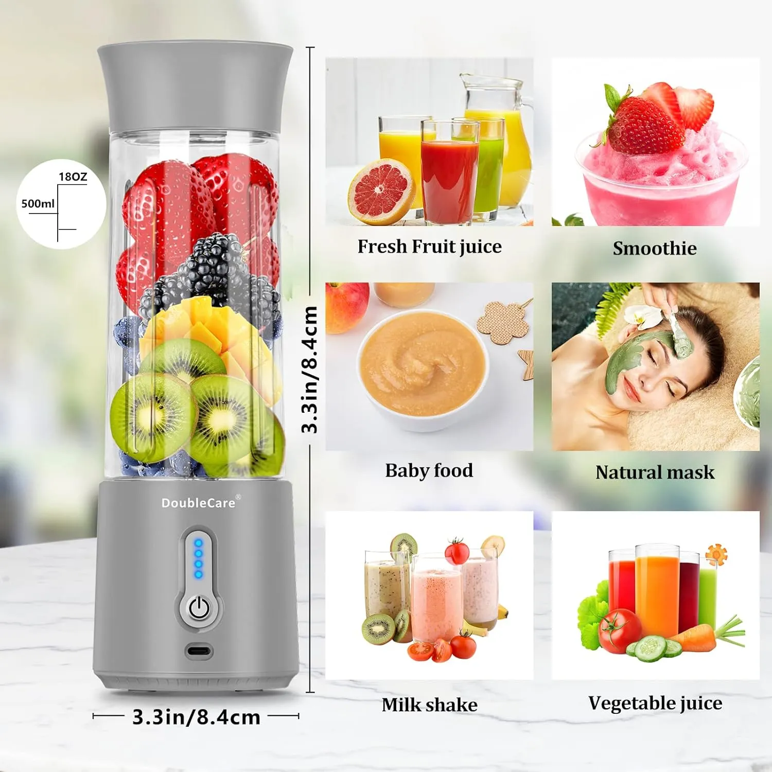 DoubleCare Portable Blender Cup,Electric USB Juicer Blender,Mini Blender Portable Blender For Shakes and Smoothies, Juice,380ml, Six Blades Great for Mixing,white, grey