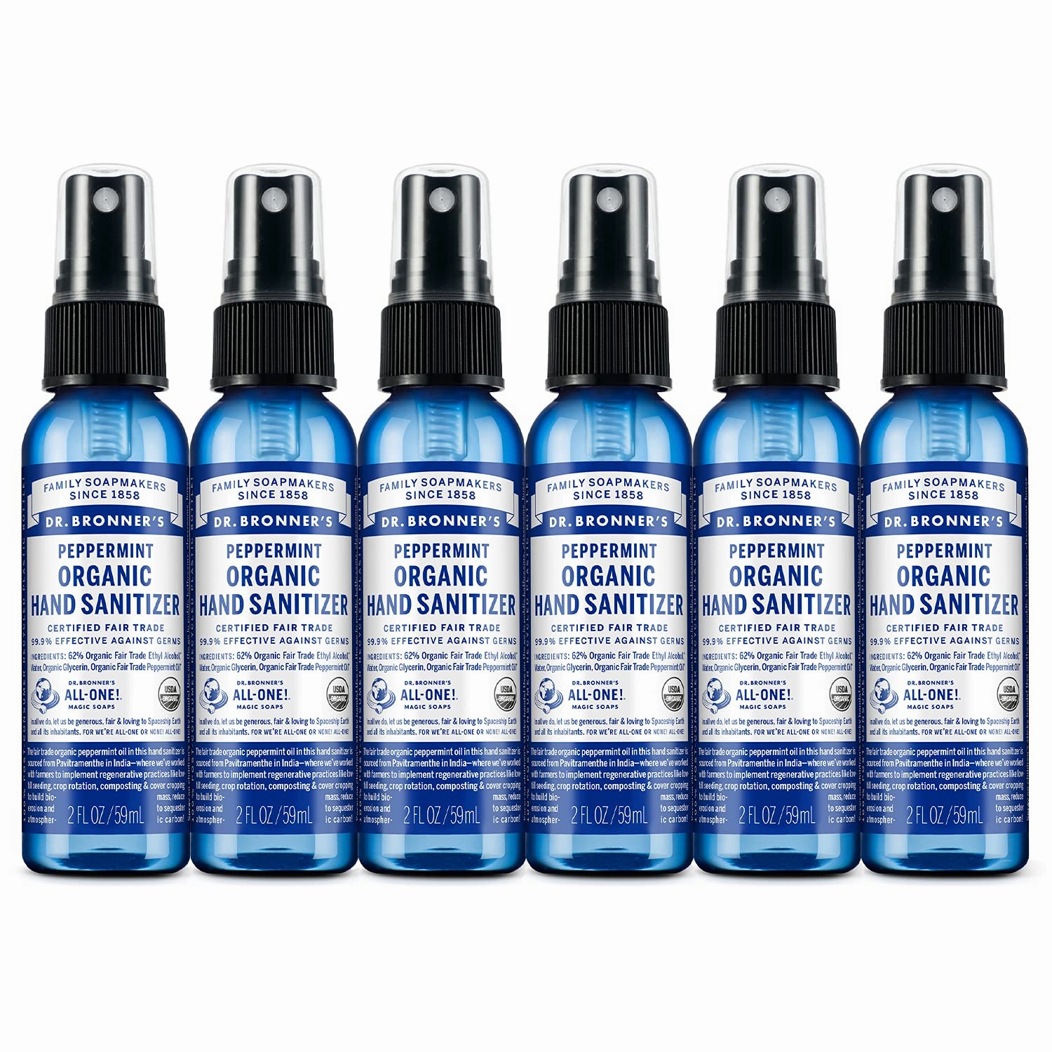 Dr. Bronner's Organic Hand Sanitizer Spray Variety Pack Travel Size Bulk, Simple & Effective Formula, Scented, No Harsh Chemicals - Peppermint, 2oz (6-Pack)