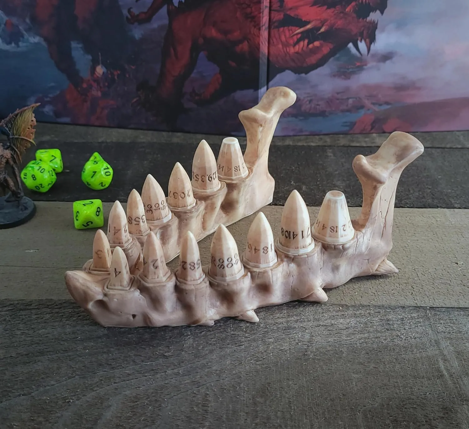 Dragon Fang Dice Set with Jawbone Stand Dungeons and Dragons (Painted)