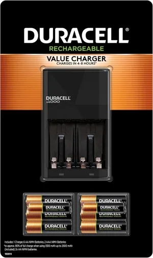 Duracell Ion Speed 1000 Charger for Rechargeable AA and AAA Batteries, Includes 6 AA and 2 AAA Pre-Charged Batteries for Household and Business